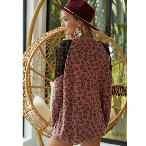 "The Ingrid" Leopard Print Brushed Knit with Lace Shoulders - Picture 2 of 2